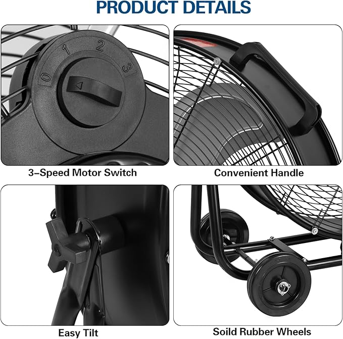 BILT HARD 24" 8100 CFM High Velocity Industrial Drum Fan, 3 Speed Heavy Duty Tilt Metal Shop Fan, Ideal for Garage, Warehouse Factory and Commercial Use, Black