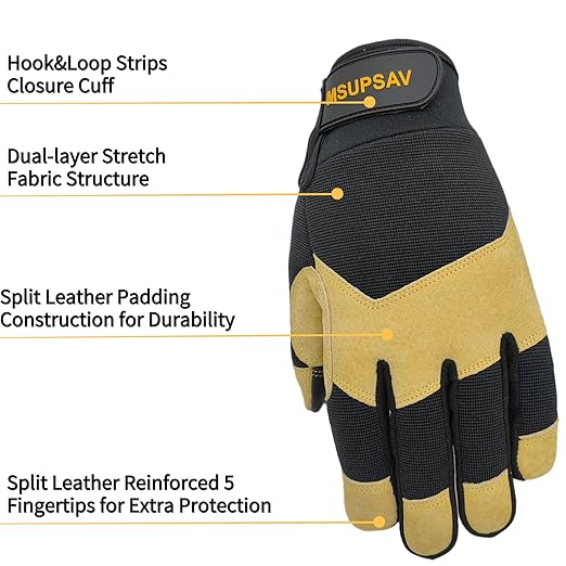All-Purpose Work Gloves,Split Leather Knuckle Working Performance Fit Mechanics Glove,Durable,Black+Yellow,Medium