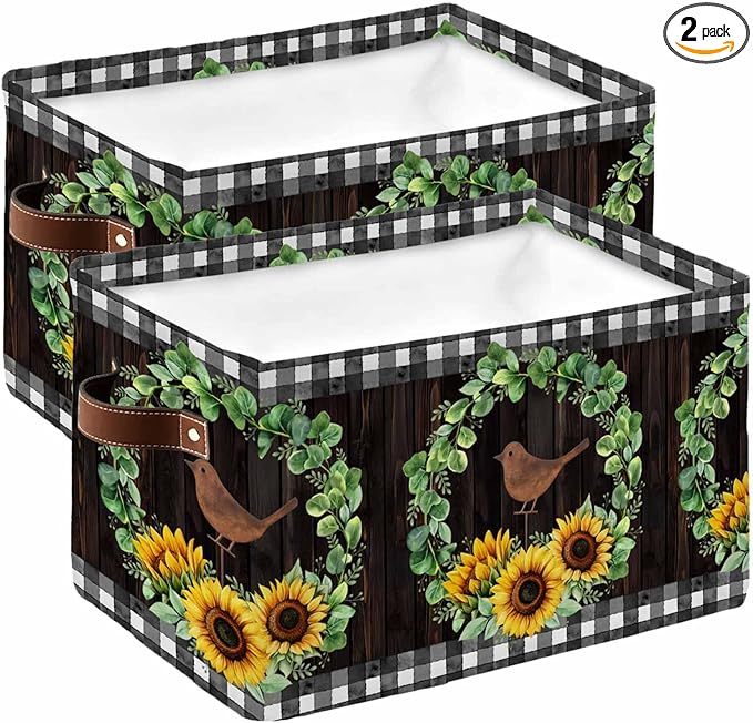 Spring Eucalyptus Sunflower Storage Bins Cubes Waterproof Cloth Storage Basket,Farmhouse Birds Brown Wood Foldable Storage Bags for Shelf Clothes Storages Organizers with Handles 15x11x9.5 in 2PCS