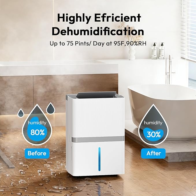 HUMILABS 5000 Sq.Ft Dehumidifier for Basement and Home, 75 Pints Dehumidifier with Drain Hose, Smart Humidity Control, 24H-Timer, for Bedroom, Bathroom, Large Room