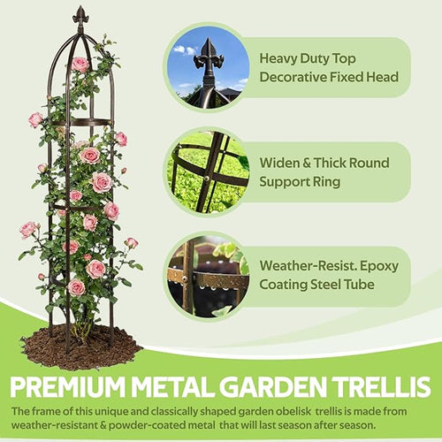 100% Metal Obelisk Trellis for Climbing Plants Outdoor - Heavy Duty Stone Coated Steel Garden Arch Trellis - Tall Sturdy Rustproof Vertical Plant Support for Climbing Vine Vegetables Flowers