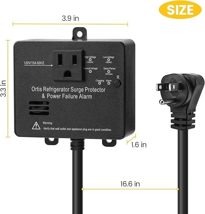 Ortis Refrigerator Surge Protector & Power Failure Alarm, Protects Against Voltage Abnormalities, with LED Indicator Light & 110dB Alarm, Ideal for Refrigerators, Freezers, and Sewage, Black