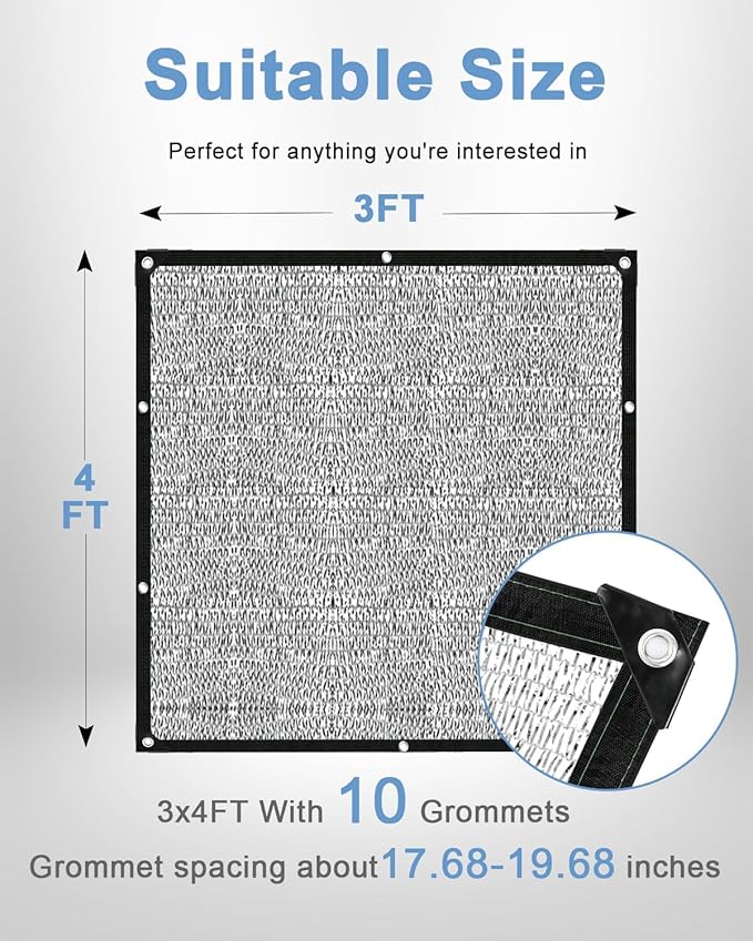 vensovo 50% Aluminum Shade Cloth - Reflective Aluminium Shade Netting Sun Shade Cover with Grommets for Cars, Dogs, Outdoor, RV, Patio (3x4FT)