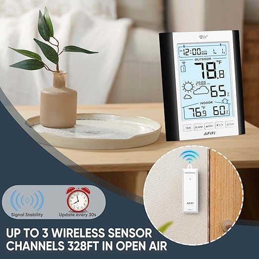 Indoor Outdoor Thermometer Hygrometer Wireless Weather Station - Inside Outside Thermometers Hygrometer Monitor with 330ft Remote Sensor, Battery Powered, Backlight Display (Black)