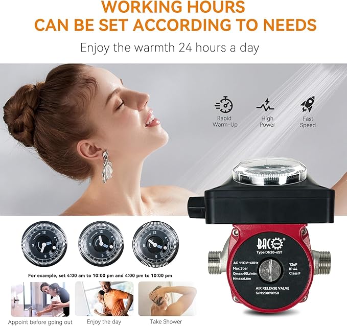 BACOENG Hot Water Recirculating Pump, Auto Start/Close Water Circulation Pump With Timer, Ultra-silent Stainless Steel Head for Electric Water Heater System/Tank Water Heaters