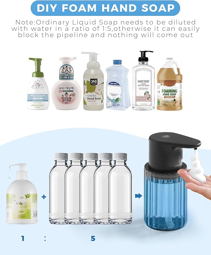 Automatic Foaming Soap Dispenser Touchless, 10oz/300ml Rechargeable, 3 Adjustable Foam Levels, IPX7 Waterproof for Kitchen Bathroom, Black