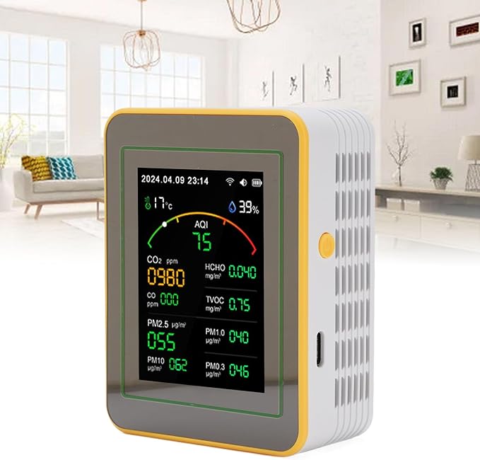 Eujgoov Air Quality Detector, 15 in 1 WiFi APP Control CO2 HCHO TVOC PM2.5 PM10 Temperature Humidity Monitor, with Smart Timer and Real Time Data, for Indoor Air Quality Tester (White Yellow)