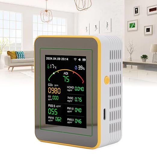 Air Quality Detector, 15 in 1 WiFi APP Control CO2 HCHO TVOC PM2.5 PM10 Monitor, Humidity Temperature Detector with Smart Timer & Curve Recording, Ideal for Indoor Air Quality (White Yellow)