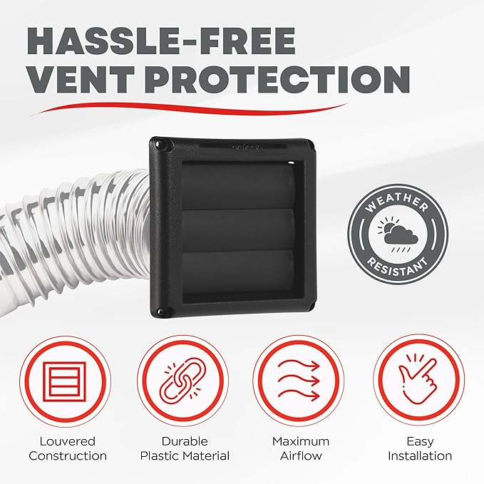 Deflecto Supurr-Vent 4” Outdoor Dryer Vent Cover Black Louvered Wall Hood with Gravity Damper for Backdraft Prevention, Fits Standard 4” Dryer Exhaust Pipe, Weather & UV-Resistant, Durable 6"x6" Face