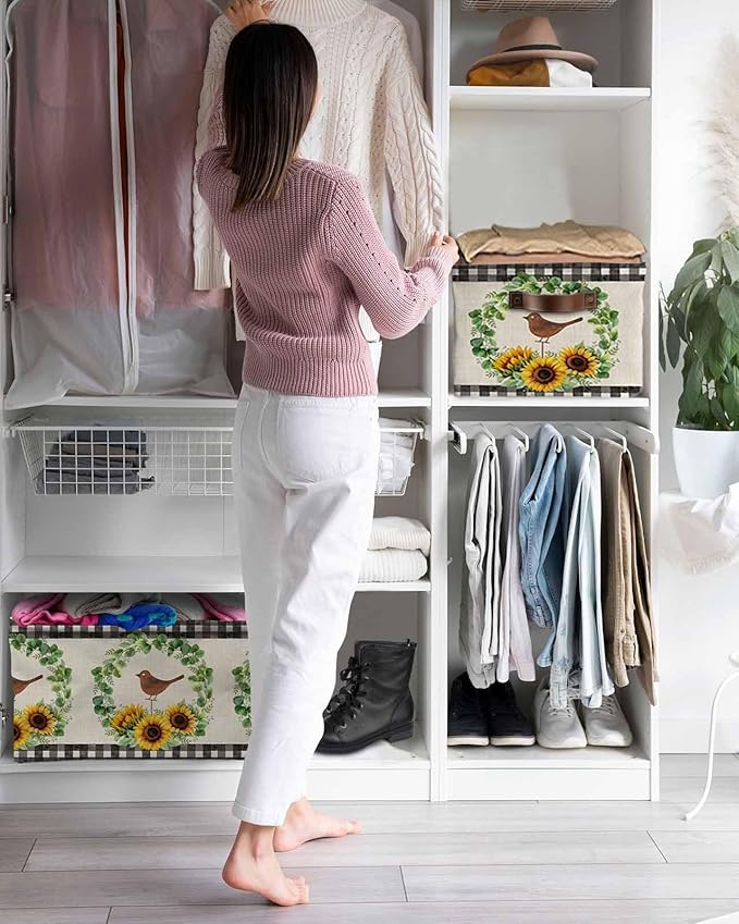 Spring Eucalyptus Sunflower Storage Bins Cubes Waterproof Cloth Storage Basket,Farmhouse Birds Rustic Burlap Foldable Storage Bags for Shelf Clothes Storages Organizers with Handles 15x11x9.5 in 2PCS