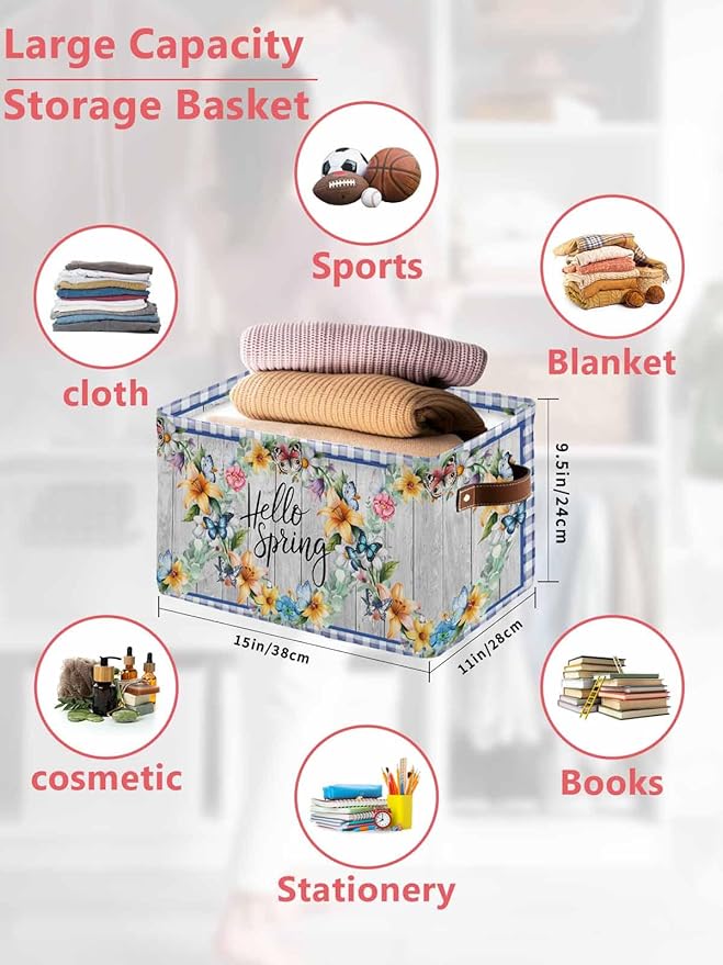 Hello Spring Storage Bins Cubes Waterproof Cloth Storage Basket,Farmhouse Floral Eucalyptus Wood Blue Plaid Foldable Storage Bags for Shelf Clothes Storages Organizers with Handles 15x11x9.5 in 1PCS