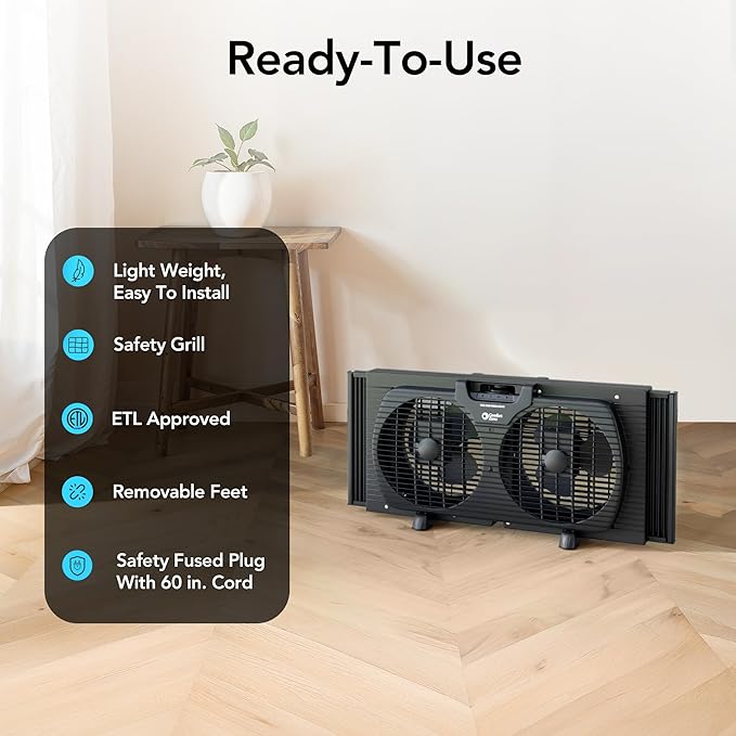 Comfort Zone Window Fan for Bedroom, 9 inch 3 Speed Dual Fans with Auto-Locking Expanders, Window Exhaust Fan, Removeable Bug Screen, Black