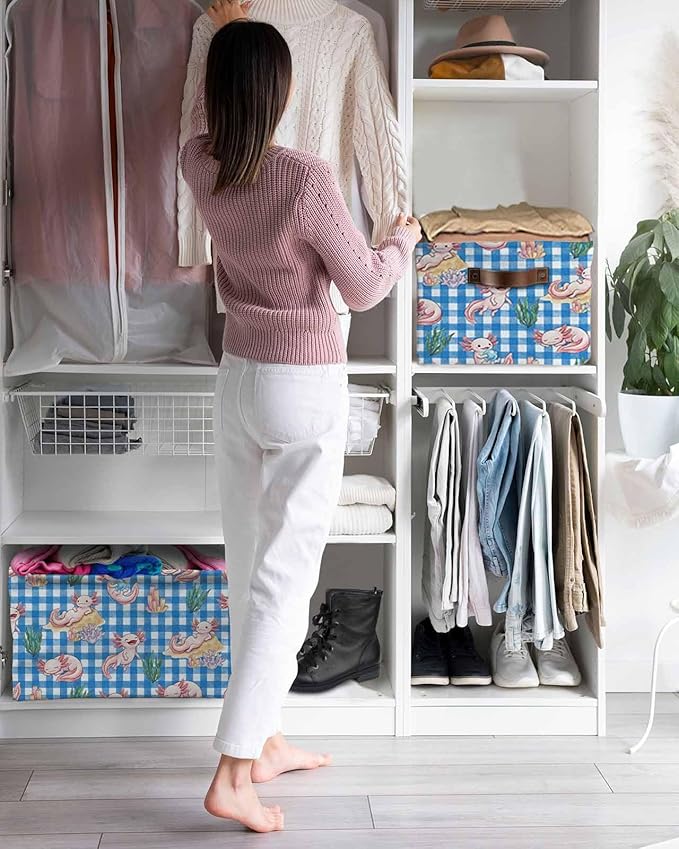Pink Animals Coastal Storage Bins Cubes Waterproof Cloth Storage Basket, Blue Checkered Farmhouse Ocean Foldable Storage Bags for Shelf Closet Clothes Organizers with Handles 15x11x9.5 in 1PCS