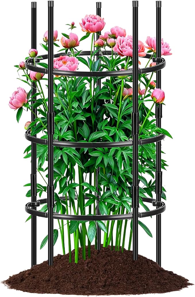 19.5" D x 39" H Peony Plant Support Cage, 3 Tier Stackable Plant Support Ring, Metal Core with PVC Coated Stakes, Garden Plant Support for Peonies Tomatoes and Climbing Plants