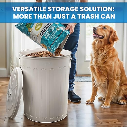 Plexon 20 Gallon Metal Trash Can with Lid Outdoor Large Trash Bin Steel Garbage Can for Garage Patio Farmhouse Bucket Bird Seed Storage Can Heavy Duty Round Container, Beige 3 Pack
