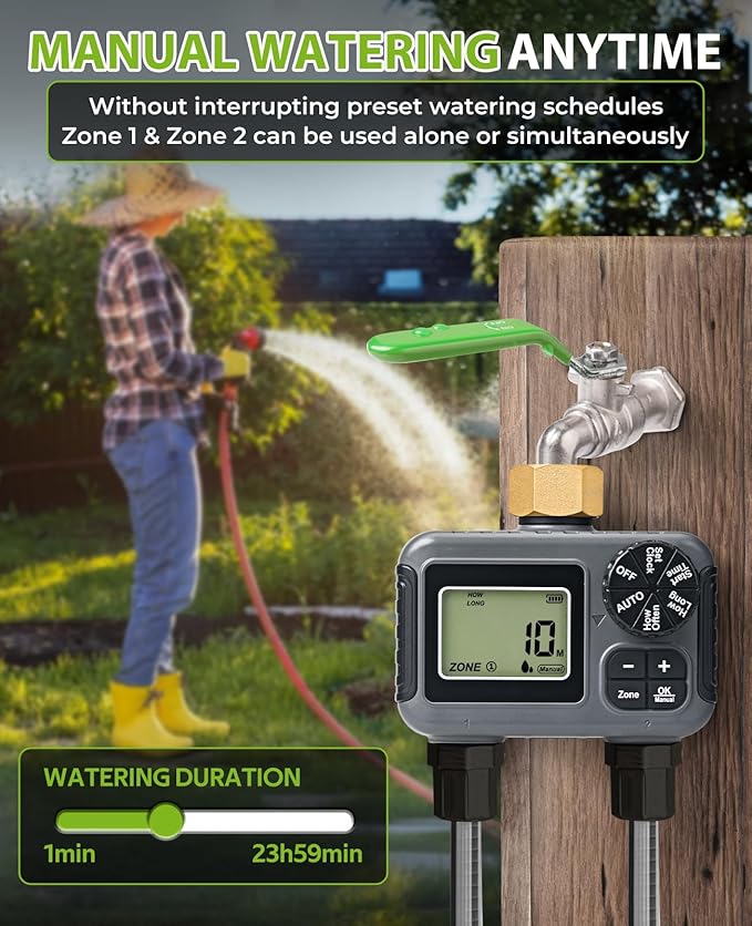 HIRALIY Sprinkler Timer, Water Timer for Garden Hose 2 Zone, Programmable for Watering, Automatic Irrigation System for Yard Lawn, Brass Connector, IP5 Waterproof