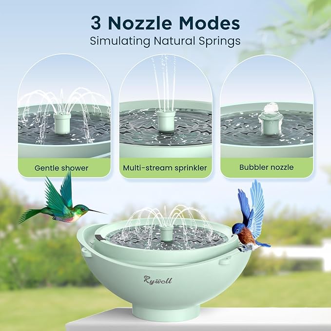 Rywell Solar Bird Bath with 3 Spray Modes, 2L Large Capacity Solar Fountain, Hanging/Standing Bird Bath with Filter & Auto Shut-Off, Quiet Pump for Garden Yard Outdoor