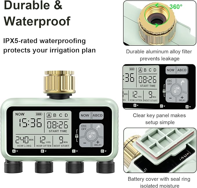 Watering Timer 4 Zone with with Brass Inlet, Sprinkler Timer, Programmable Garden Outdoor Hose Faucet Timers with Rain Delay/Manual/Automatic Watering System,Water Hose Irrigation Timers 4 Outlet