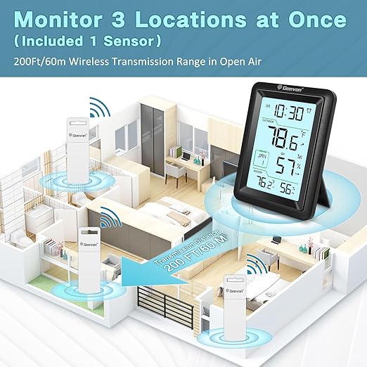Geevon Wireless Indoor Outdoor Thermometer & Hygrometer with Remote Sensor – Digital Temperature & Humidity Monitor, Alarm, Snooze, 10s Backlight