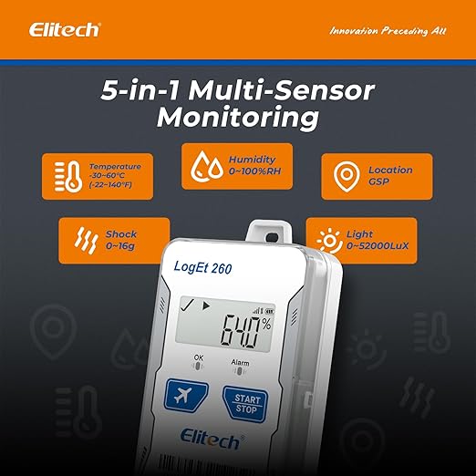 Elitech GPS Remote Cellular Temperature Humidity Monitor Data Logger Sensor, Power Outage Light Shock Alarm, App/Email/Text Alerts, for Vacation Home, RV, Pet Safety, 2-Year Subscription Included