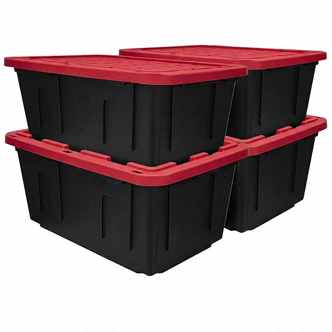 27 Gallon Heavy Duty Storage Bins with Lids – Stackable Industrial Plastic Totes for Garage Organization, Moving, and Attic Storage – Lockable Snap-Fit Container, Black/Red (4 Pack)