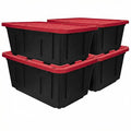 27 Gallon Heavy Duty Storage Bins with Lids – Stackable Industrial Plastic Totes for Garage Organization, Moving, and Attic Storage – Lockable Snap-Fit Container, Black/Red (4 Pack)
