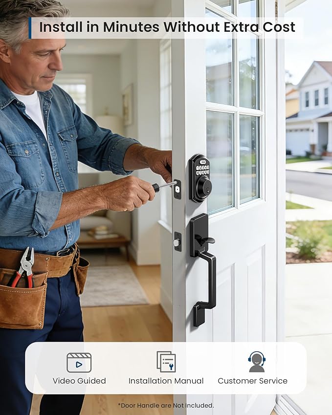 TEEHO TE011W Wi-Fi Keyless Entry Door Lock with Keypad - Smart Deadbolt Lock for Front Door with 2 Keys - Remote Control, Works with Alexa & Google, APP Unlock - Easy Installation - Matte Black