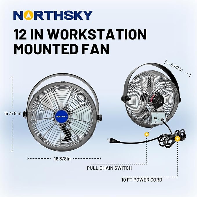 NORTHSKY 12" High Velocity Wall Mount Fan, 3 Speeds, 2400 CFM Adjustable Industrial Wall Fan, 1/12 HP, 360° Head Hit, for Greenhouse, Workshop, Garage, Commercial Use, UL Listed