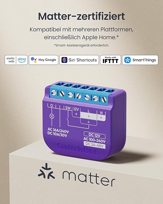 SwitchBot WiFi Switch Compatible with Alexa/Apple Home/Google Home/Matter (Hub Required), Power-Measuring Relay Switch Module with Integrated Bluetooth Repeater and Dry Contact, 2.4 GHz, 16 A
