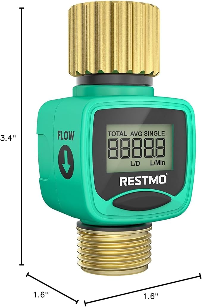 RESTMO Water Flow Meter with Brass Inlet & Outlet, Measure Gallon/Liter Consumption and Flow Rate for Outdoor Garden Hose Watering, RV Water Tank Filling, Lawn Sprinkler and Nozzle Sprayer