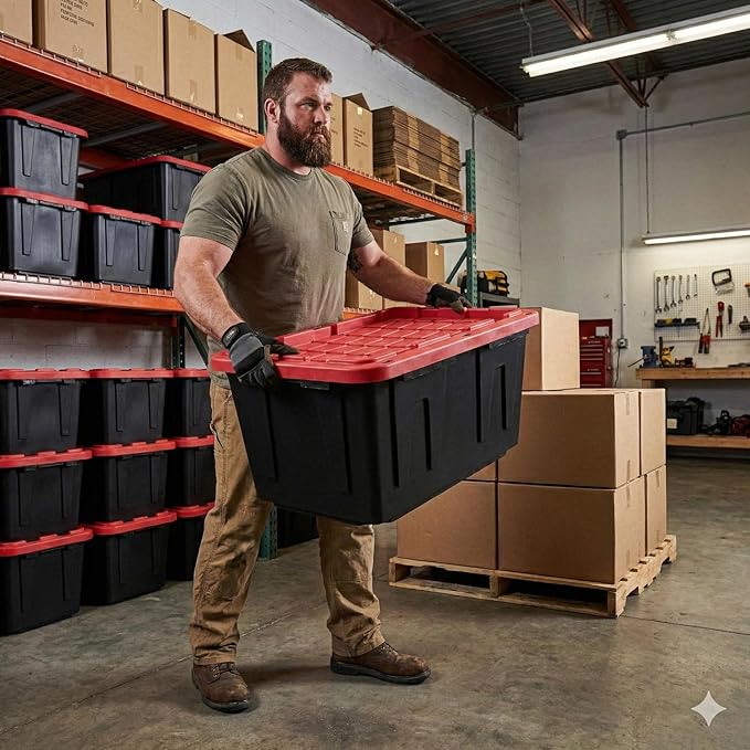 27 Gallon Heavy Duty Storage Bins with Lids – Stackable Industrial Plastic Totes for Garage Organization, Moving, and Attic Storage – Lockable Snap-Fit Container, Black/Red (2 Pack)