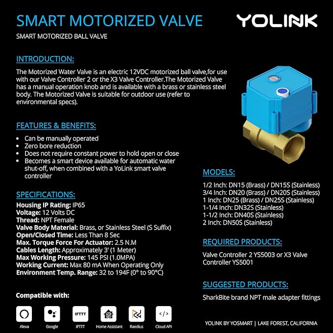 YoLink Wireless Smart Valve Control Kit, 3/4" Brass Motorized Valve, Wireless Controller 2, LoRa Long Range, D2D Offline with Leak Sensors, 12V Adapter with 2 Years Battery Backup