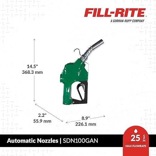 Fill-Rite SDN100GAN 1” 5 to 25 GPM Automatic Standard Duty Fuel Transfer Nozzle, Green - For Gasoline, Diesel, Biodiesel up to B20, E15 & Kerosene
