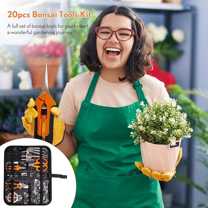 Bonsai Tools Kit 20 Pcs Garden Tools Set for Beginner, Gardening Gift for Women Men, Includes Bonsai Wire Kit, Plant Mat, Pruning Shears, Bonsai Scissors, Succulent Tools in Leather Storage Bag