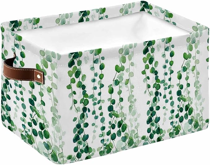 Green Weeping Eucalyptus Storage Bins Cubes Waterproof Cloth Storage Basket,Spring Summer Country Leaves Foldable Storage Bags for Shelf Clothes Storages Organizers with Handles 15x11x9.5 in 1PCS