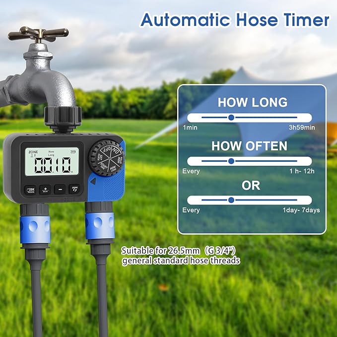 Sprinkler Timer Water Timer for Garden Hose, Sprinkler Timers 2 Zone, Smart Programmable Watering Timer with Auto/Manual/Rain Delay Modes