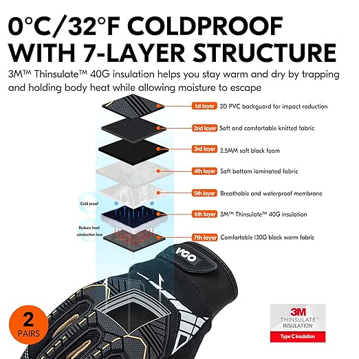 Vgo... 2-Pairs 32°F Waterproof High-Dexterity Heavy-Duty Winter Mechanic Gloves, Impact & Vibration Reduction (M, Black&Gold, SL8849FW)
