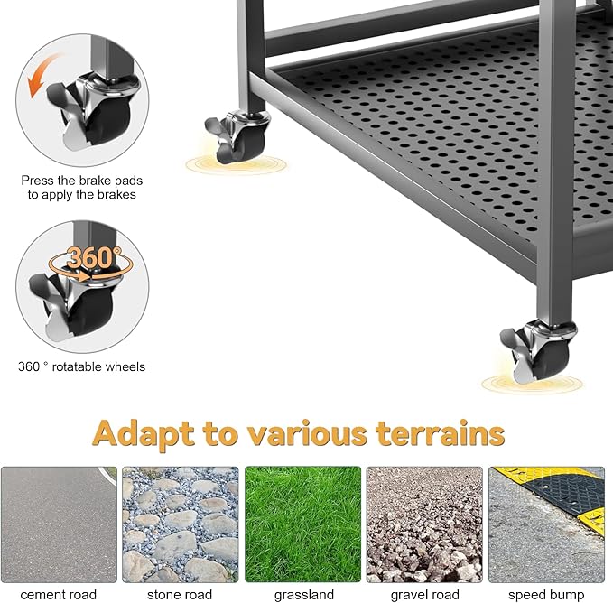 Garden Tool Organizer Stand, 35 Slots Storage Rack with lockable Wheels and Hooks, Iron Construction, 4 Shelves Fit for Long-Handled Tools/Rakes/Brooms