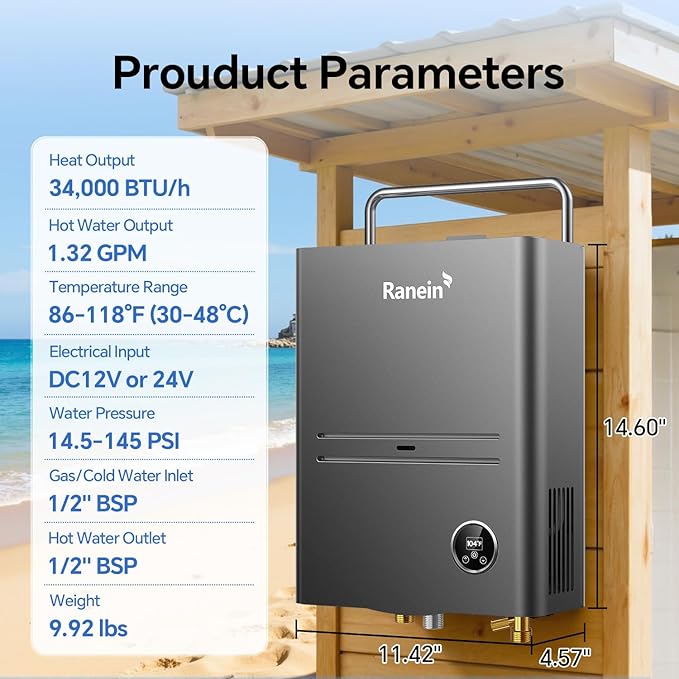 Ranein Portable Propane Tankless Water Heater 34,000 BTU 1.32 GPM with Included High-Performance Pump Thermostatic Control and Chain for Camping RV Outdoor Shower