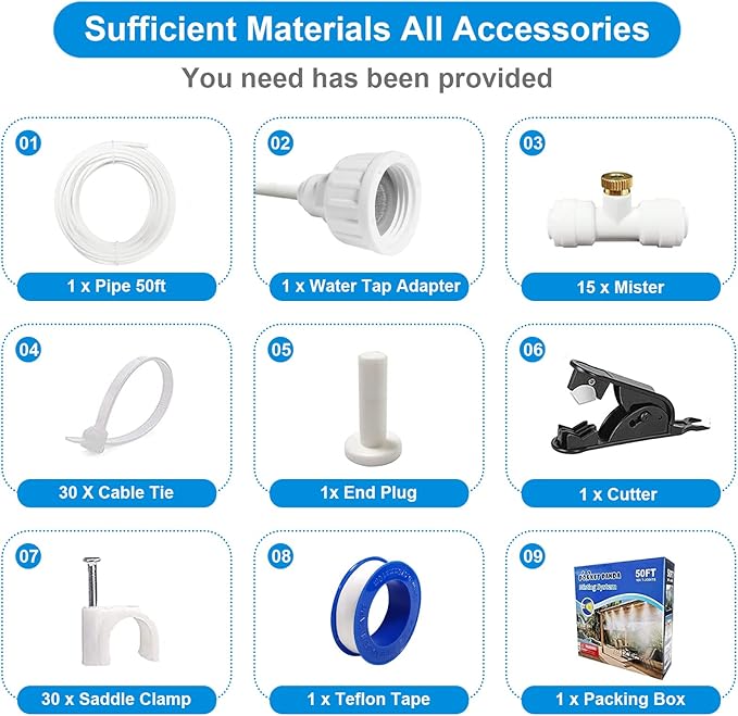 Misters for Outside Patio,Misting System for Cooling Outdoor,50Ft (15M),Water Mist Hose DIY Kit for Porch,Canopy,Deck,Umbrella,Garden,Greenhouse,Yard,Plants,Trampoline Sprinkler Accessories for Kids