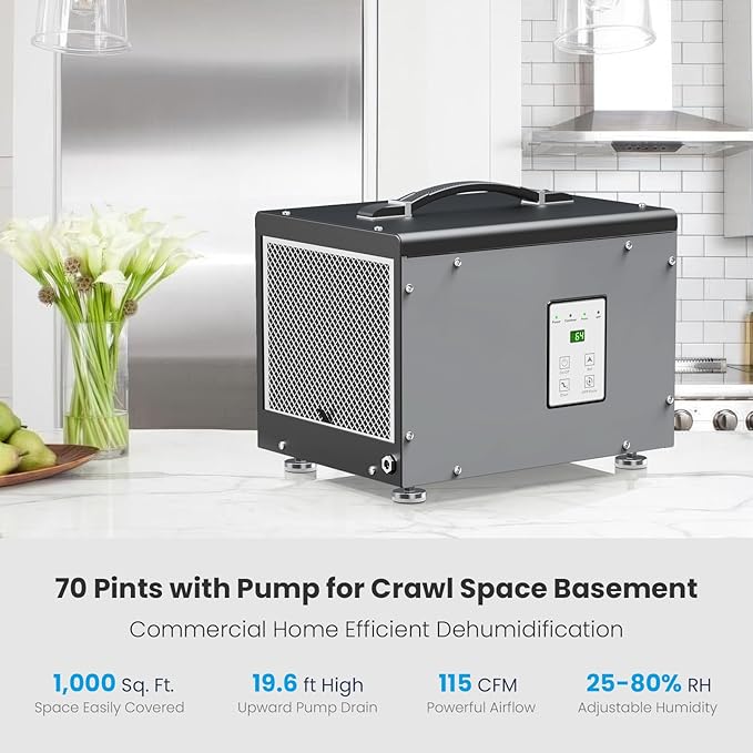 BaseAire Crawlspace Dehumidifier with Pump, Compact Dehumidifiers for Commercial, Basement and Water Damage with Drain Hose, 70 PPD, Auto Defrost, GLGR Technology, Up to 1000 Sq Ft