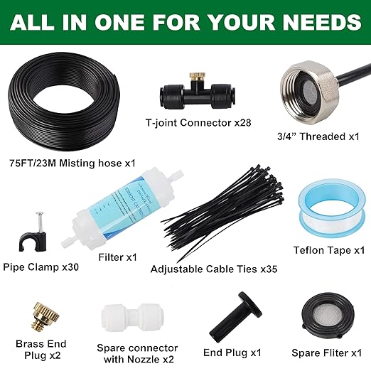 YOFIT Outdoor Misting System for Patio Cooling, 75FT Water Mister Hose Kit, Cooling Misters for Porch, Backyard, Yard, Garden, Portable Mist System with Brass Nozzles for Outside