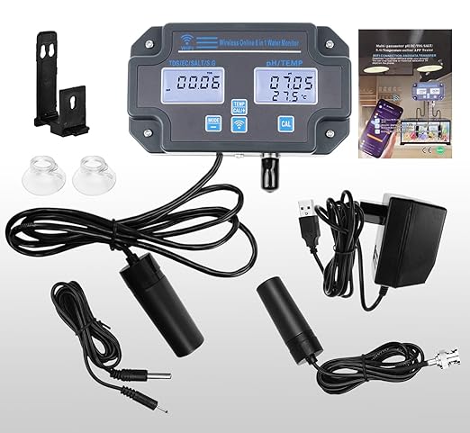 Smart Water Quality Tester 6-in-1 pH/EC/TDS/Salinity/S.G and Temperature Meter with Wi-Fi Continuous Monitor Wall-Mounted pH Water Meter with ATC and Easy Calibration for Aquariums, Hydroponics