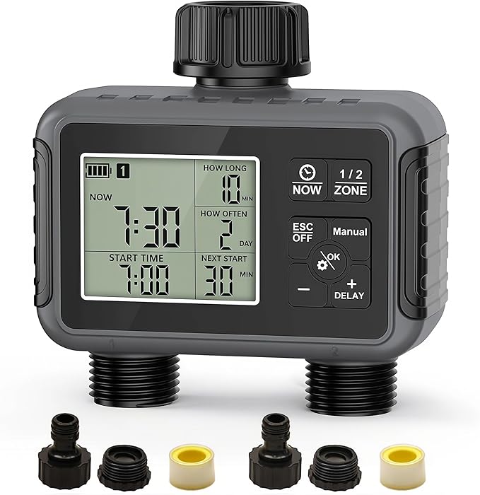 Sprinkler Timer 2 Zone, IPX5 Waterproof Programmable Water Hose Timer with Rain Delay, Child Lock, Manual Watering for Outdoor Automatic Irrigation for Garden, Lawn, Yard (AA Batteries Not Included)