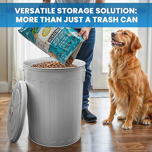 Plexon 20 Gallon Metal Trash Can with Lid Outdoor Large Trash Bin Steel Garbage Can for Garage Patio Farmhouse Bucket Bird Seed Storage Can Heavy Duty Round Container, Gray 6 Pack