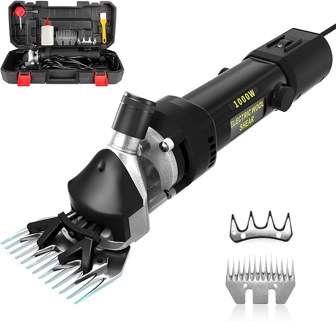PAT JUUMG Sheep Shears,1000W Professional Heavy Duty Electric Animal Grooming Clippers for Livestock, Horses, Goats, Cattle, with 6-Speed Settings and 2 Detachable Blades for Thick Goats (Black)
