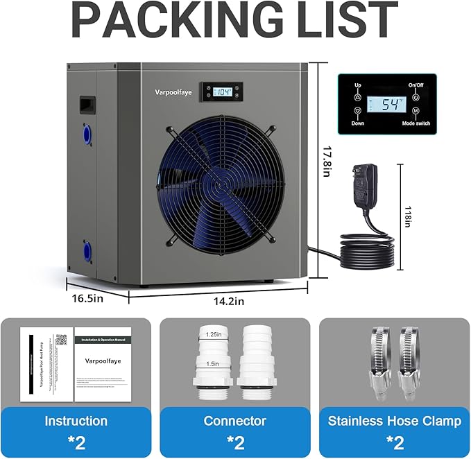 16000BTU Swimming Pool Heat Pump, 5000 Gallon Electric Pool Heater Above and Inground Pool,WiFi App Control, Heating or Cooling Pool Heater 120V/60Hz