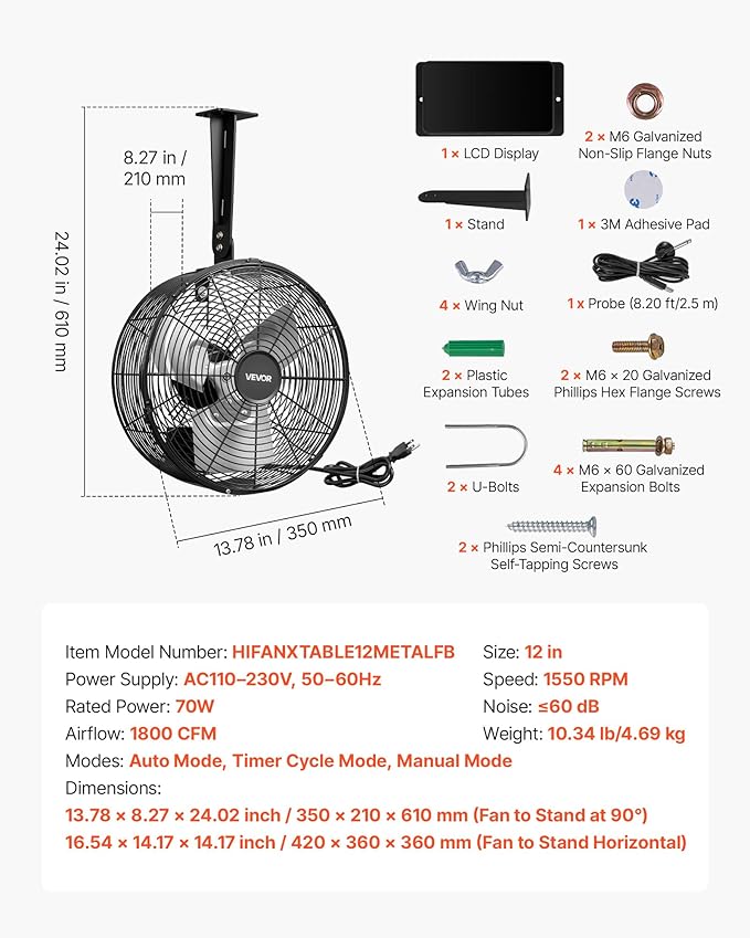 VEVOR Greenhouse Air Circulation Fan, 1800 CFM Powerful Air Circulator Electric Fan, 10 Speeds, 3 Switchable Modes, LCD Control, Ceiling Wall Mount, Fast Ventilation for Greenhouse, Patio, Garage