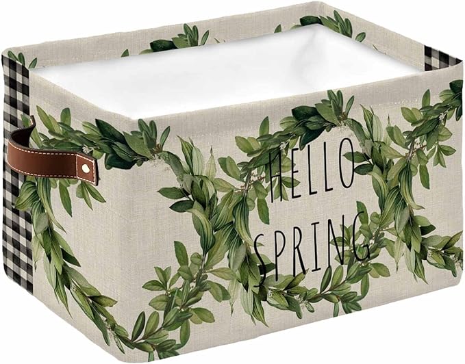 Farmhouse Green Garland Storage Bins Cubes Waterproof Cloth Storage Basket,Spring Vintage Black Plaid Beige Foldable Storage Bags for Shelf Clothes Storages Organizers with Handles 15x11x9.5 in 1PCS