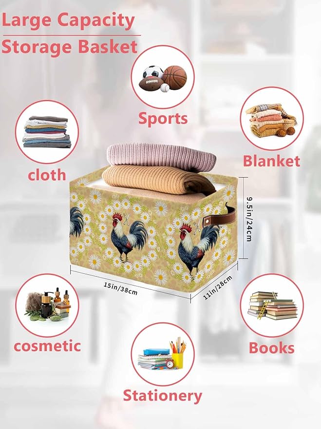 Spring Floral Rooster Storage Bins Cubes Waterproof Cloth Storage Basket,Farmhouse Flowers Elegant Botanical Foldable Storage Bags for Shelf Clothes Storages Organizers with Handles 15x11x9.5 in 1PCS